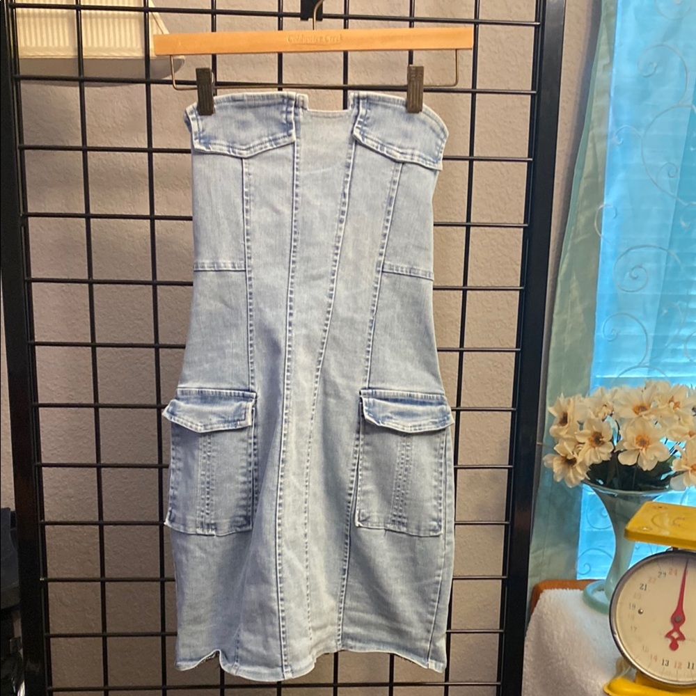 Blanc Clothing Light Blue Denim Strapless Dress